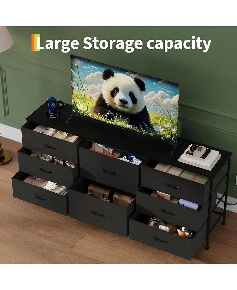 homfan 8 Drawer Dresser, 63 Inch Fabric Tv Stand Storage Cabinet with Wooden Top for 75 Bedroom Living Room