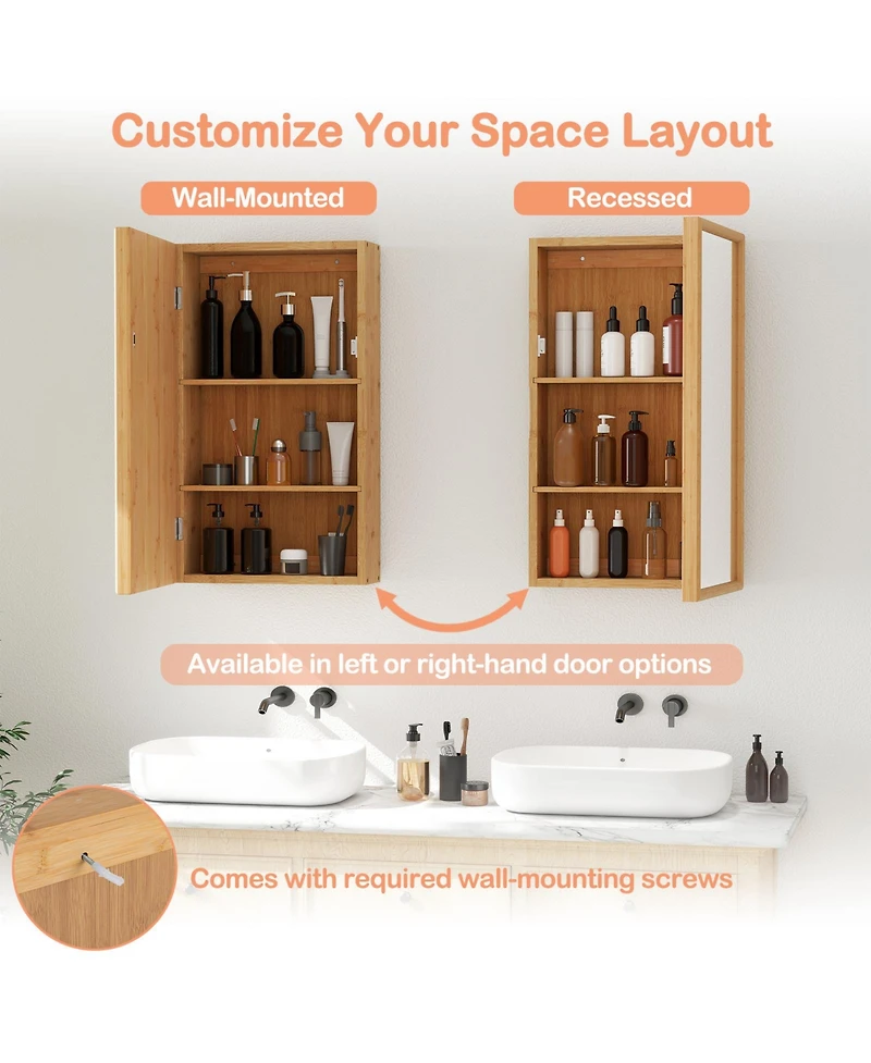 Volenca Bamboo Small Medicine Cabinet with Mirror Door and Removable Shelves, 14-in W
