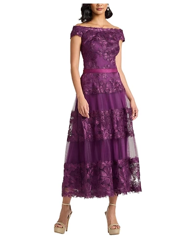Tadashi Shoji Women's Adriane Floral Embroidered Tea-Length Dress