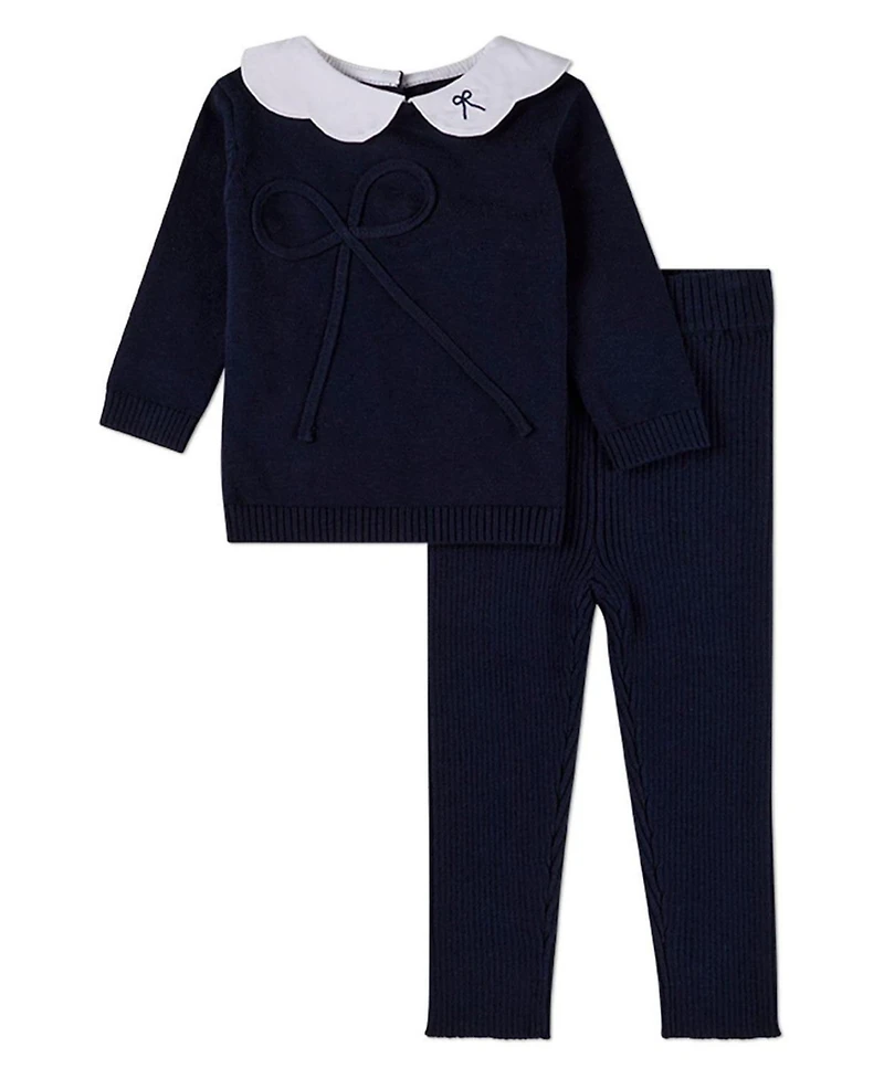 MeMoi 2 Piece Baby Girls "Pop Collar" Cotton Knit Set with Bow Accents