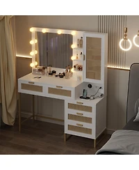 homfan Makeup Vanity Desk with Lights and Mirror, 3 Dimmable Light Modes, 5 Rattan Front Drawers, Hidden Cabinet, Built-in Power Strip, Metal Frame