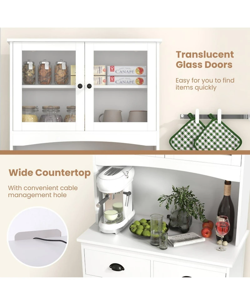 Gouun Tall Sideboard Storage Cabinet with 2 Drawers and Glass Doors