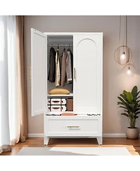 60" Tall Metal Storage Cabinet with 1 Drawer and Hanging Rod Wardrobe 2 Doors Wardrobe Closet with Shelf