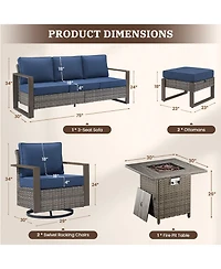Pocassy 6-Piece Wicker Patio Furniture Set, Swivel Chairs, Outdoor Deep Seating Conversation Sets with Fire Pit Table and Ottomans