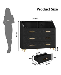 homfan 6-Drawer Dresser with Charging Station and Led Lights,Engineered Wood Storage Chest Gold Metal Legs,Anti-Tip Multi-Functional Home Cabinet