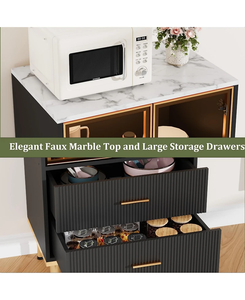 homfan Glass Door Storage Cabinet with Wave Drawers, Tall Accent Shelves for Living Room Dining