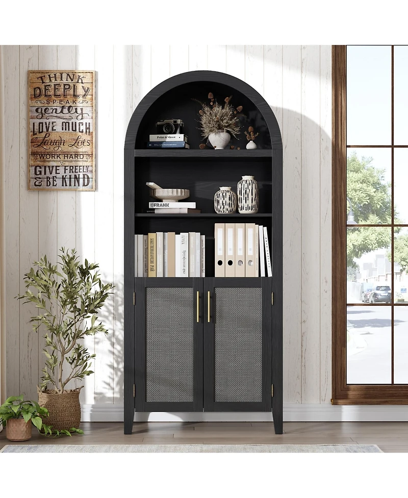 homfan Arched 5-Tier Storage Cabinet with Doors, Modern Farmhouse Cupboard Open Display Shelves, Multipurpose Furniture for Kitchen, Dining Room
