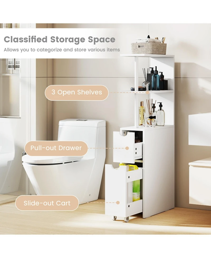 Volenca Slim Freestanding Bathroom Cabinet with Slide-Out Cart and Open Shelves, 45-in H