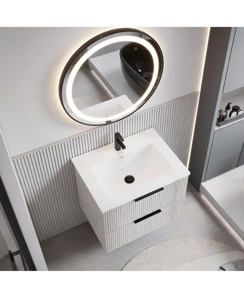 Phying 30 Inch Modern Fluted Bathroom Vanity Wall Mounted Floating Cabinet Sink Stylish Space Saving Bathroom Furniture for Home Apartment