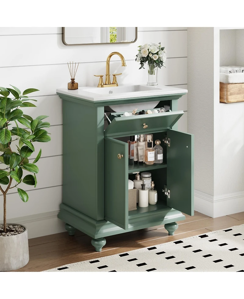 Phying 24 Inch Modern French Bathroom Vanity Elegant Freestanding Bathroom Cabinet with Ball Turned Legs Vintage Home Bathroom Furniture