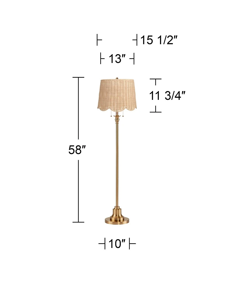 360 Lighting Dyna 58"H Antique Brass and Rattan Drum Shade 2-Light Floor Lamp