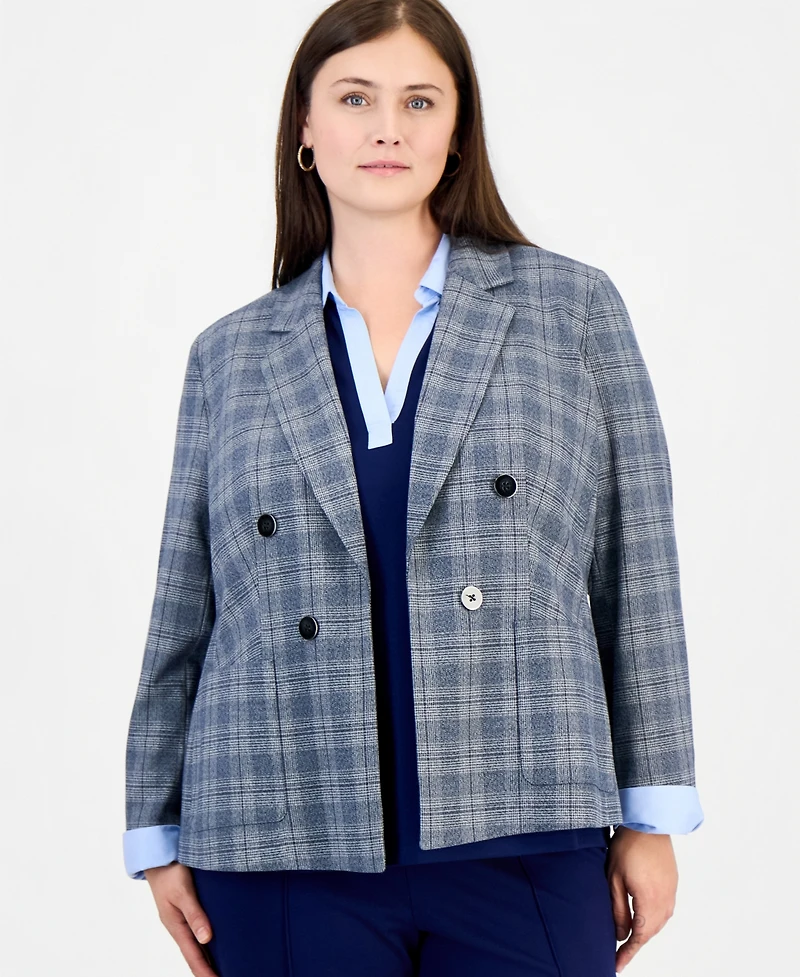 Jones New York Plus Faux Double-Breasted Plaid Patch-Pocket Blazer