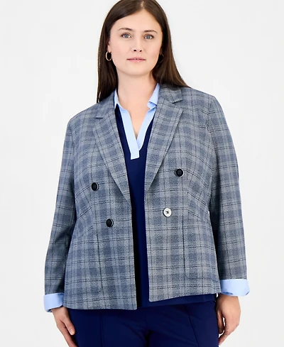Jones New York Plus Faux Double-Breasted Plaid Patch-Pocket Blazer