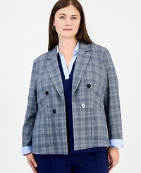 Jones New York Plus Faux Double-Breasted Plaid Patch-Pocket Blazer