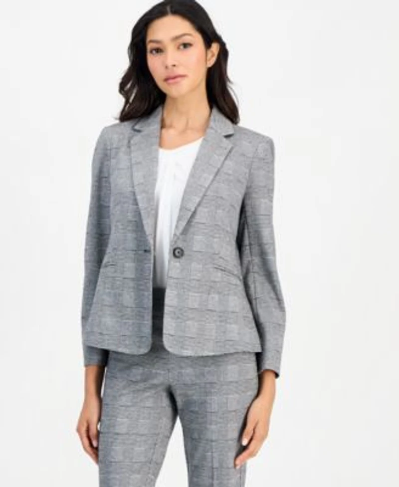Anne Klein Essentials Petite Plaid One Button Blazer Plaid Pull On Ankle Pants