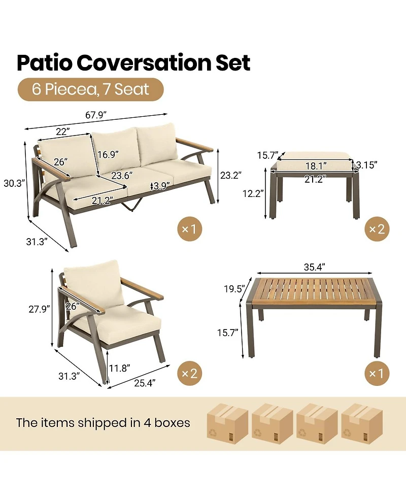 Asagikoiai 6-Piece Outdoor Patio Furniture Set, 7-Seat Steel Frame Conversation Sofa Set