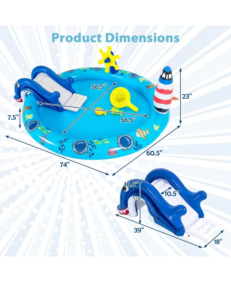 Aofar Inflatable Pool Shark Slide Sprinkler Fishing Water Play Center