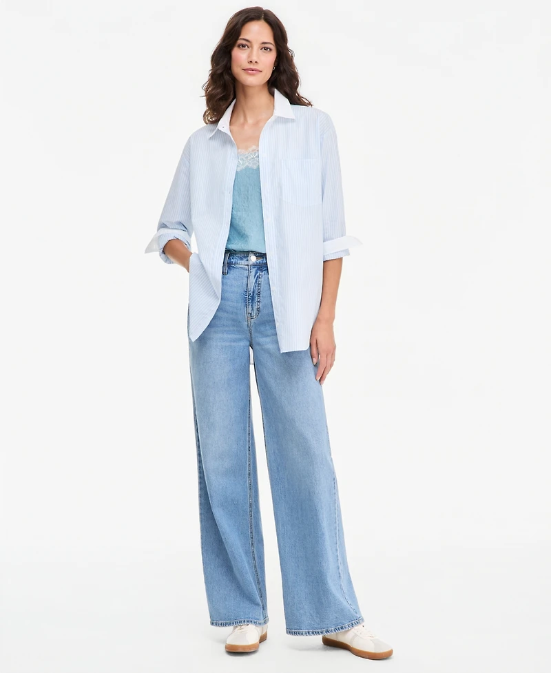 On 34th Women's Oversized Contrast-Collar Striped Poplin Shirt, Macy's Exclusive