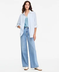 On 34th Women's Oversized Contrast-Collar Striped Poplin Shirt, Macy's Exclusive