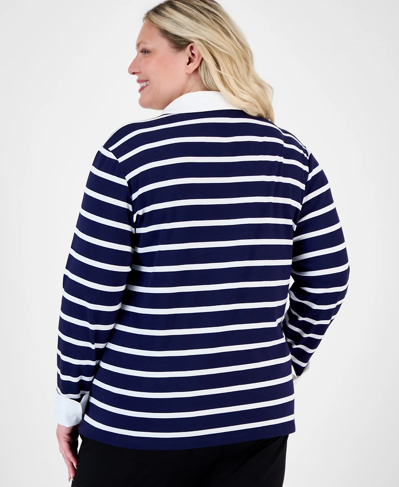 Jones New York Plus Size Long-Sleeve Striped V-Neck T-Shirt