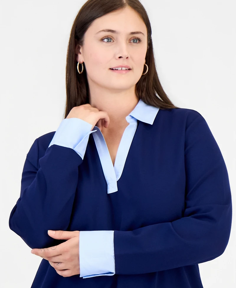 Jones New York Plus Twofer Top Serenity Knit Collared V-Neck Long-Sleeve