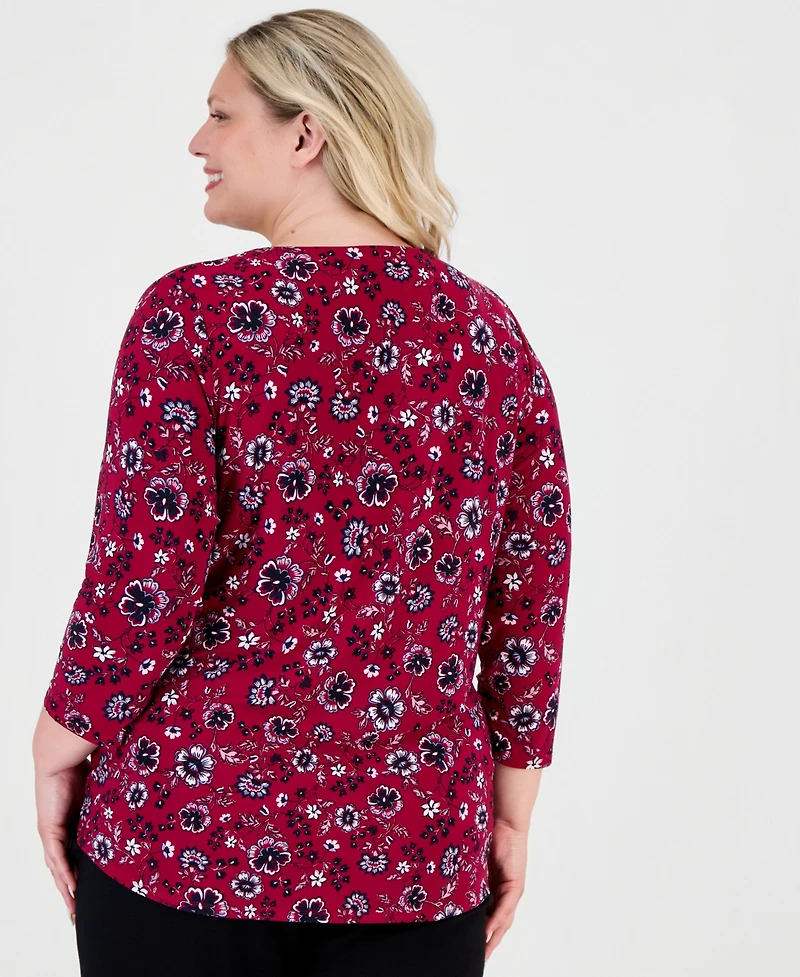 Jones New York Plus Kissing Trim Top Printed Floral-Print V-Neck 3/4-Sleeve Blouse