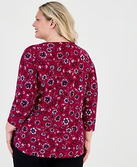 Jones New York Plus Kissing Trim Top Printed Floral-Print V-Neck 3/4-Sleeve Blouse