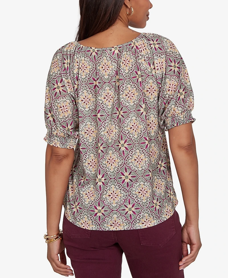 Ruby Rd. Petite Desert Geo Print Lace Trim Knit Top