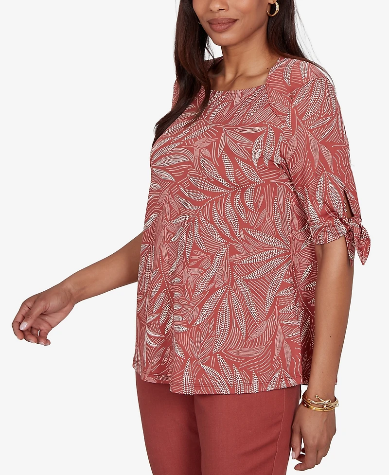 Ruby Rd. Petite Leaf Puff Print Knit Tie Sleeve Top