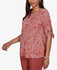 Ruby Rd. Petite Leaf Puff Print Knit Tie Sleeve Top