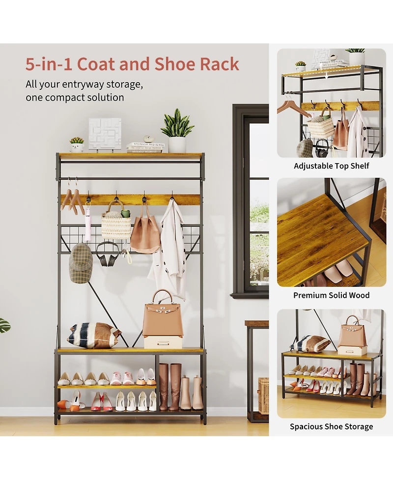 gaomon 5-in-1 Freestanding Hall Tree with Bench and Shoe Storage, Entryway Organizer for Hallway, Mudroom, Bedroom