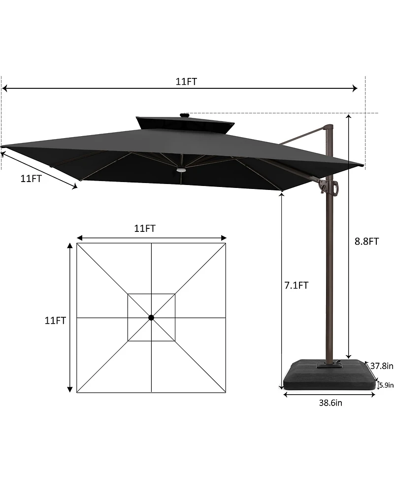 Pellebant Outdoor Patio 11x11Feet Aluminum Double Canopy Solar Lights Cantilever Umbrella with Base