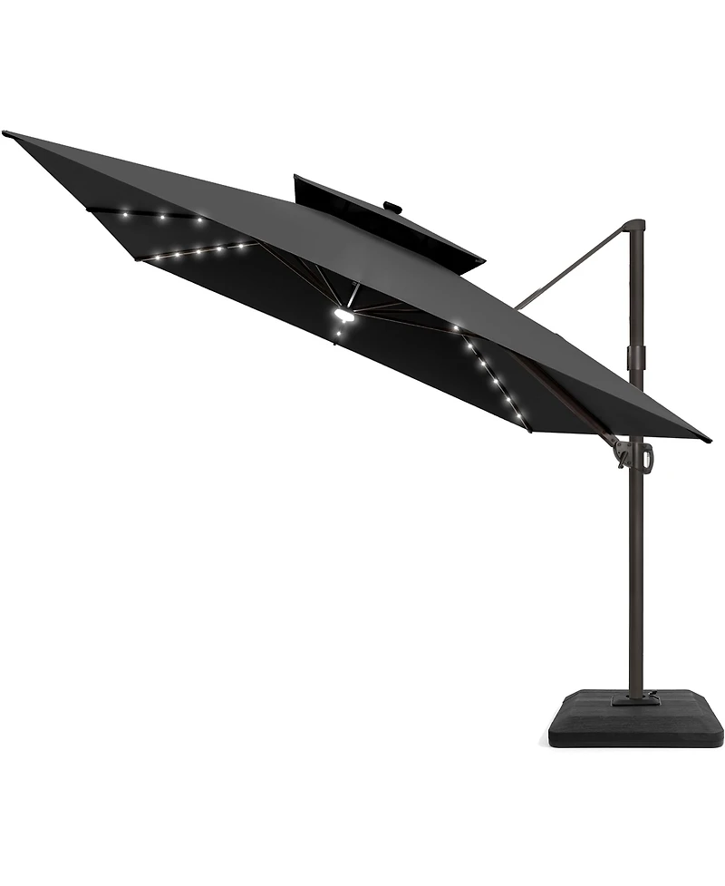 Pellebant Outdoor Patio 11x11Feet Aluminum Double Canopy Solar Lights Cantilever Umbrella with Base