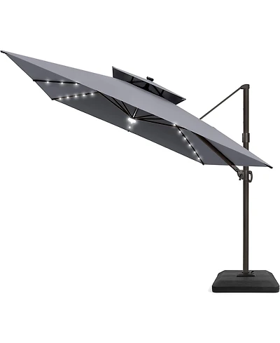 Pellebant Outdoor Patio 11x11Feet Aluminum Double Canopy Solar Lights Cantilever Umbrella with Base