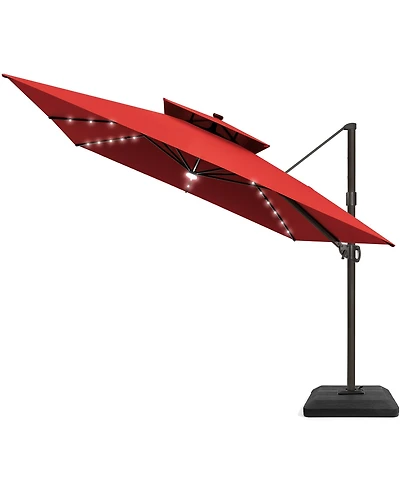Pellebant Outdoor Patio 11x11Feet Aluminum Double Canopy Solar Lights Cantilever Umbrella with Base