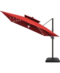 Pellebant Outdoor Patio 11x11Feet Aluminum Double Canopy Solar Lights Cantilever Umbrella with Base
