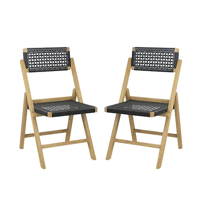 Boyel Living Set of 2 Folding Chairs Indonesia Teak Wood Dining Chairs with Woven Rope Seat and Back