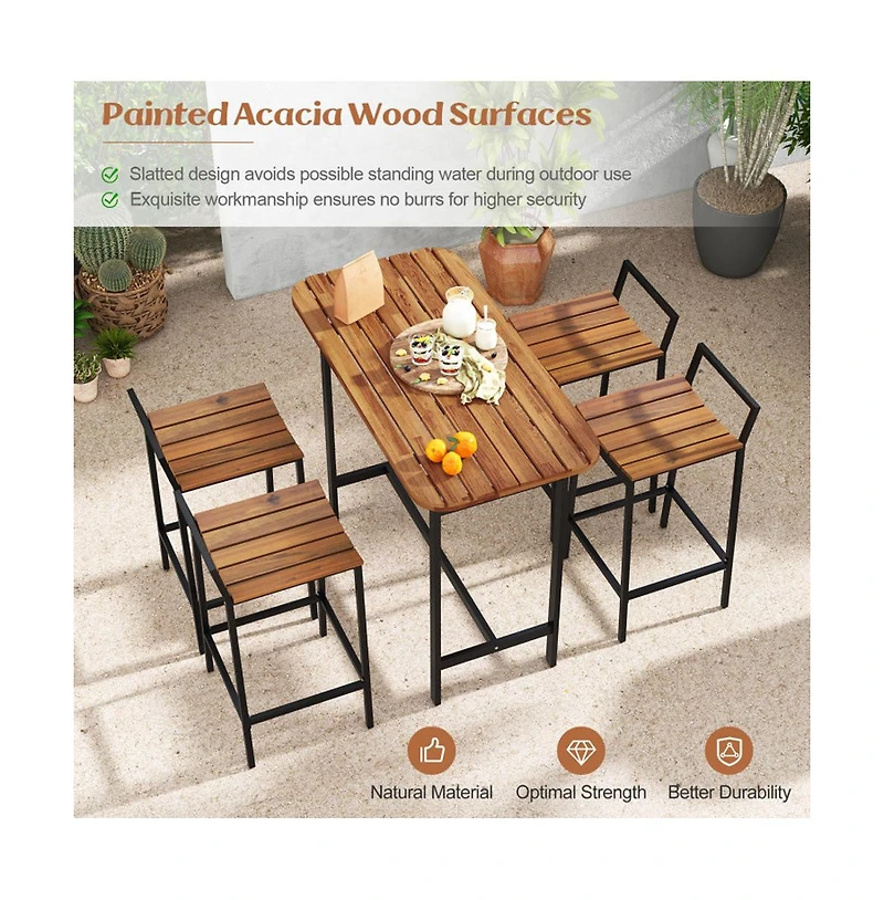 Boyel Living 5 Piece Acacia Wood Bar Table Set Bar Height Table and Chairs with Metal Frame and Footrest