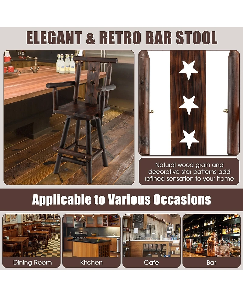 Costway Wooden Bar Stools Swivel Bar Height Kitchen Patio Chairs with Armrest