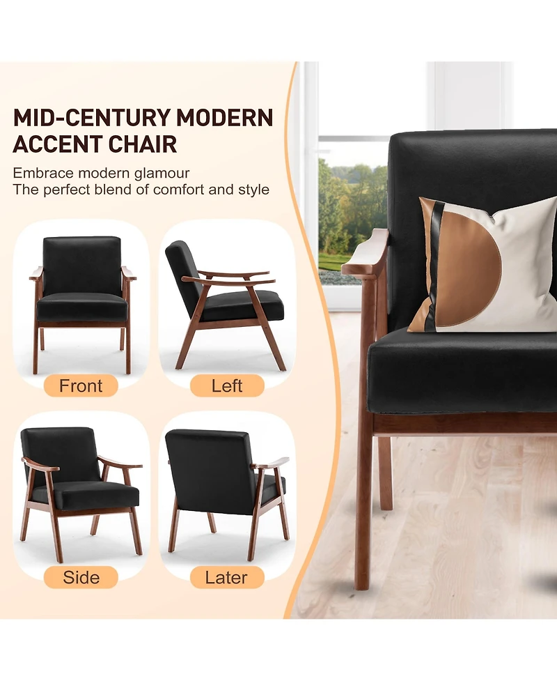 Clihome Mid-Century Accent Chair, Solid Wood Lounge Chair with Extra-Thick Backrest, Wingback Chairs