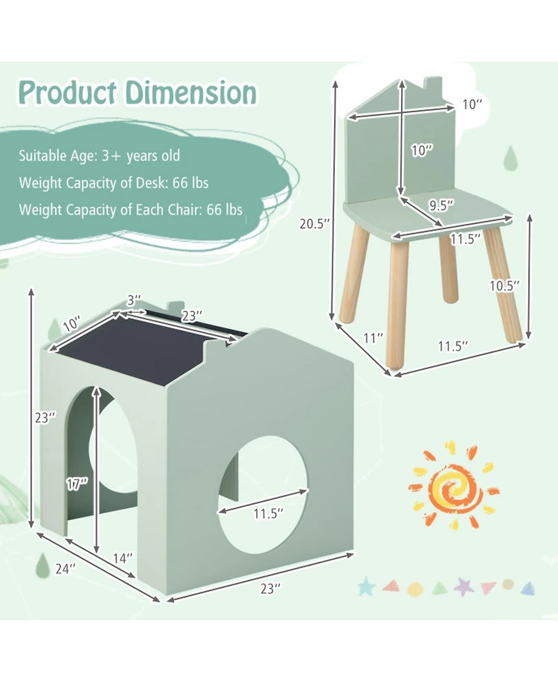 Gouun 3-Piece Kids Table and Chair Set Chalkboard Top House Design
