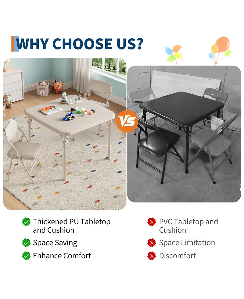 homfan 3-Piece Kids Folding Table and Chairs Set – Pu Cushioned Square Table, Durable Metal Frame, Portable, Space-Saving, Ideal for Dining, Crafts