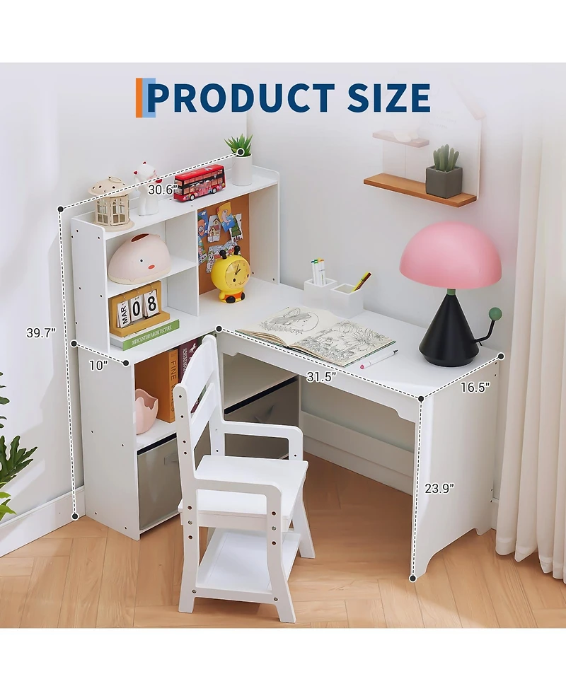 homfan Kids Corner Desk and Chair Set, White L Shaped Study Table with Storage Shelves and Bulletin Board for Bedroom