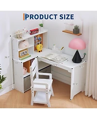 homfan Kids Corner Desk and Chair Set, White L Shaped Study Table with Storage Shelves and Bulletin Board for Bedroom
