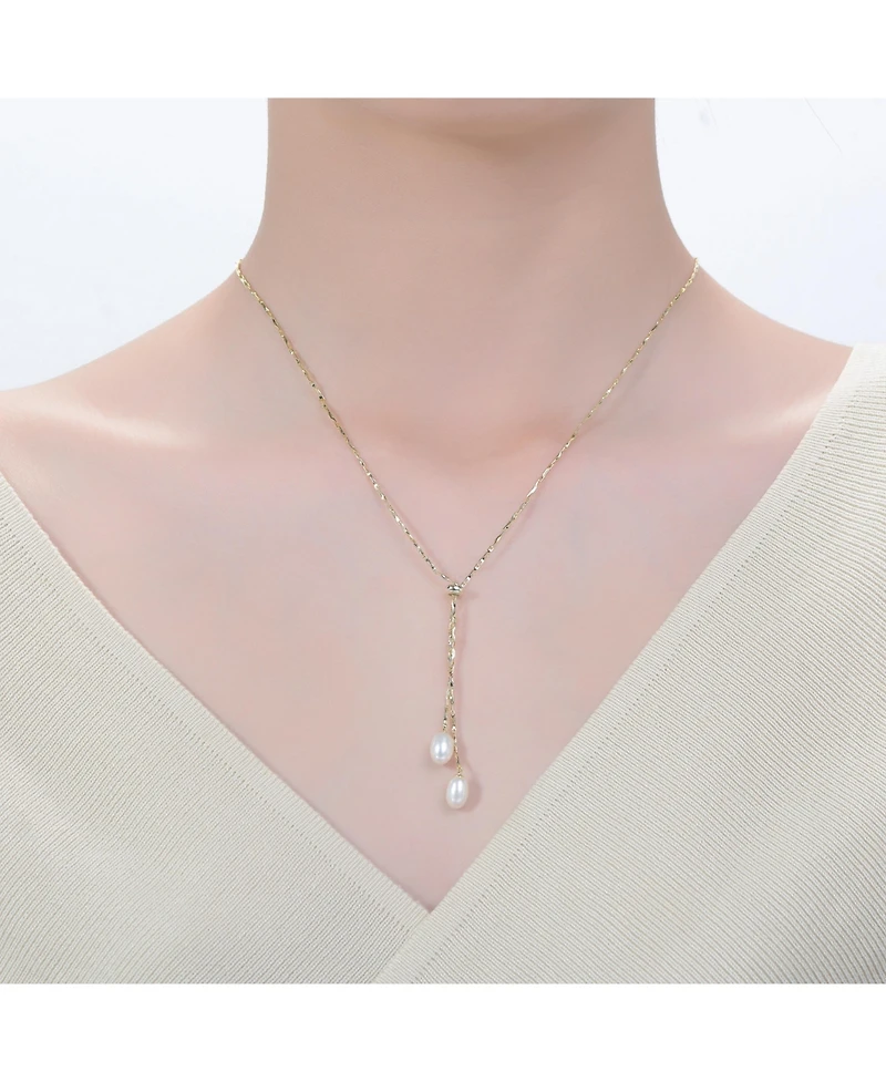 14K Gold Plated Pearl and Cubic Zirconia Y Neck Necklace