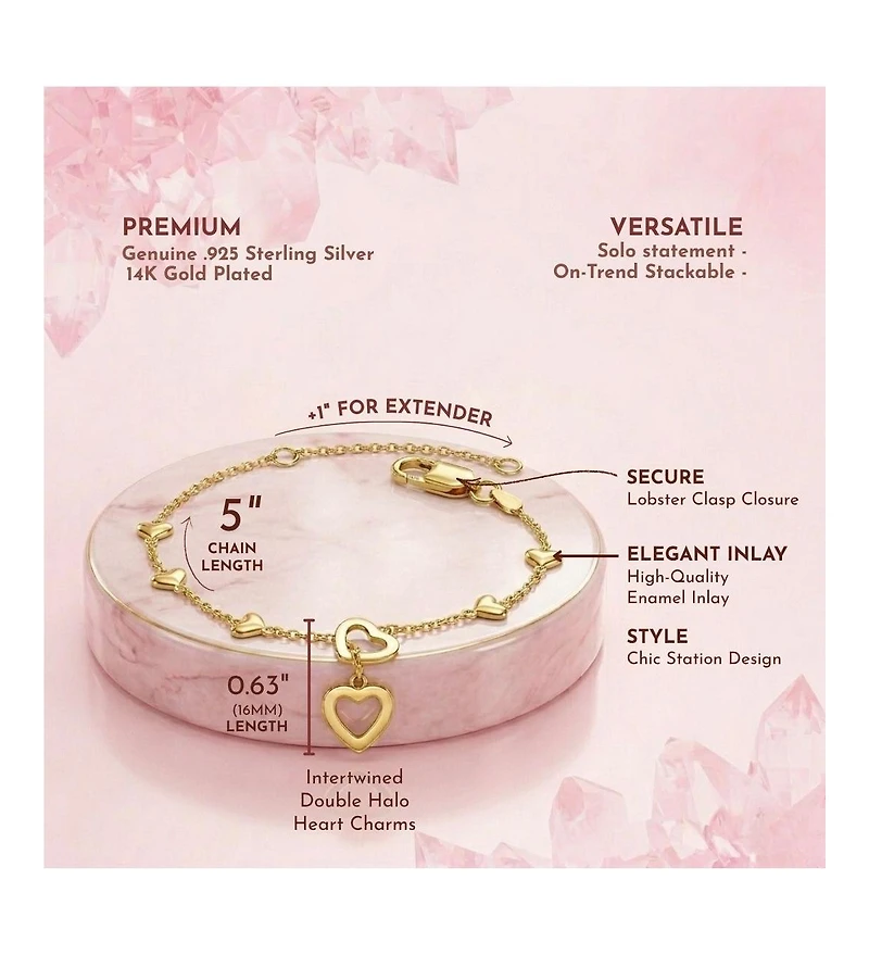 14K Gold Plated Double Halo Dangle & Red Heart Enamel Station Charm Bracelet, Adjustable