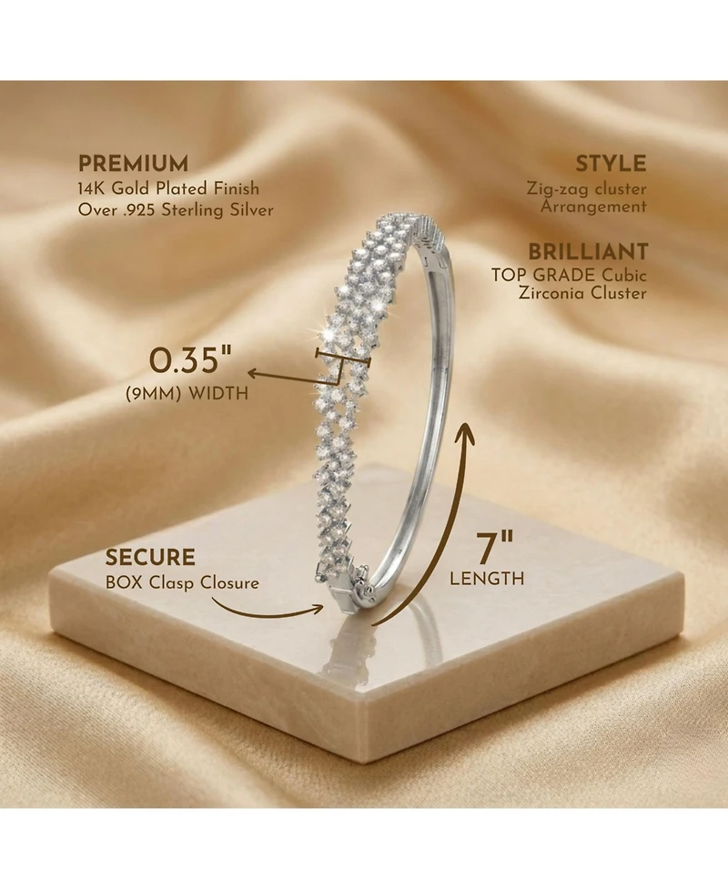 Sterling Silver with Rhodium Plated Clear Round Cubic Zirconia Cluster Style Bangle Bracelet