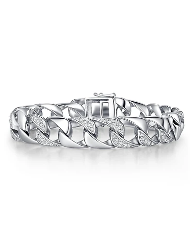 Men's Sterling Silver Iced Out Cubic Zirconia Miami Cuban Chain Bracelet