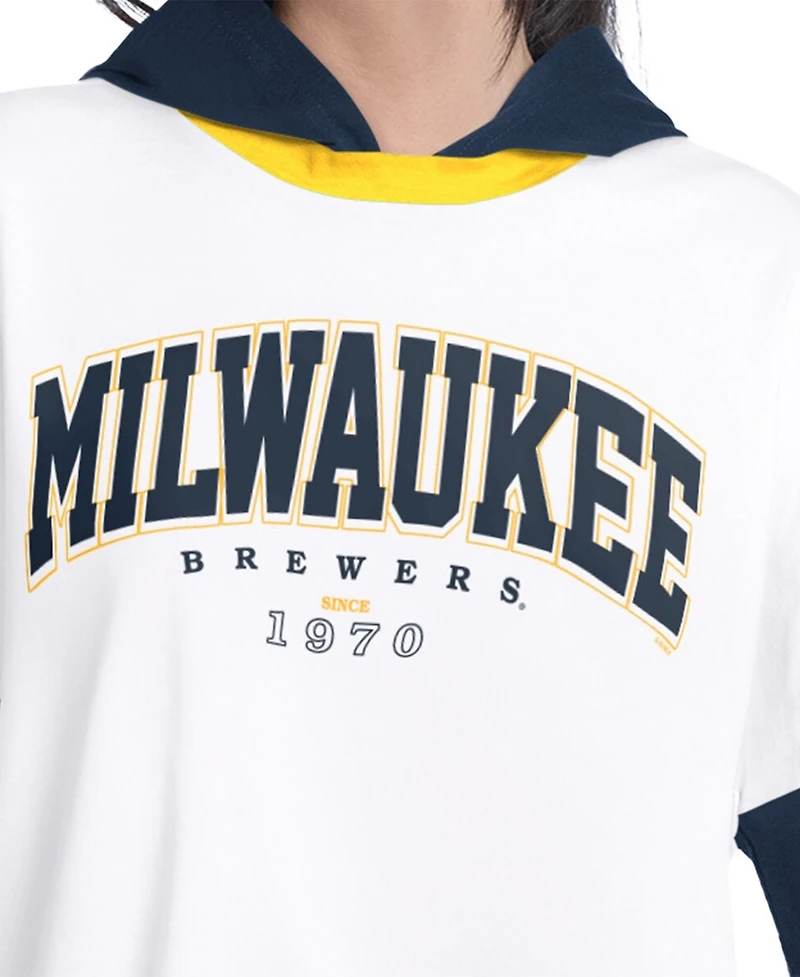 G-iii 4Her by Carl Banks Women's White/Navy Milwaukee Brewers Key Player Oversized Hooded Long Sleeve T-Shirt