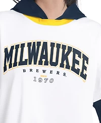 G-iii 4Her by Carl Banks Women's White/Navy Milwaukee Brewers Key Player Oversized Hooded Long Sleeve T-Shirt